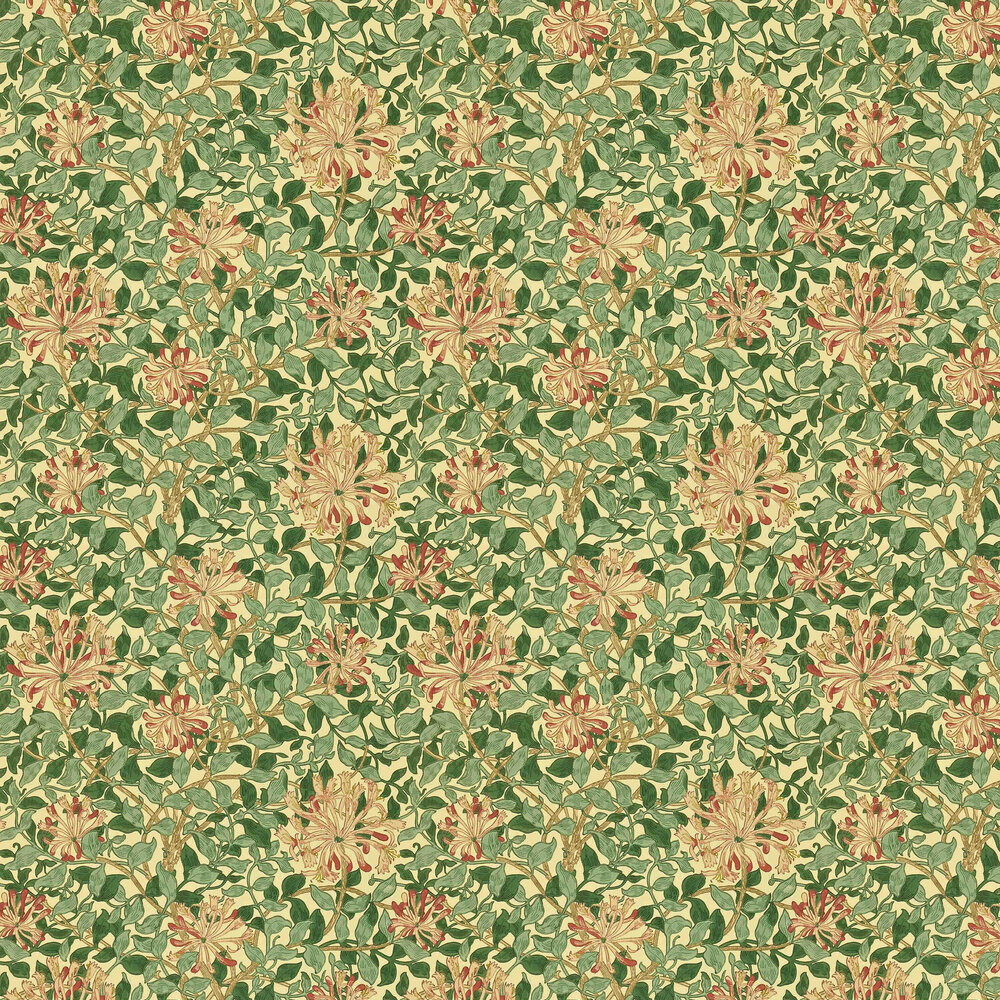 Honeysuckle Wallpaper - Green / Coral Pink - by Morris