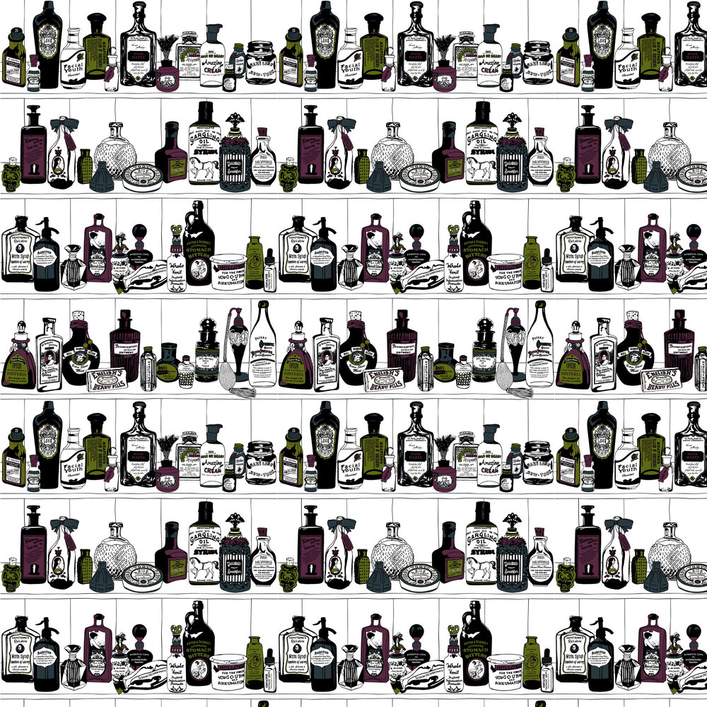 Potions (Colour) - 10m Wallpaper - Purple / Green / Off White - by Dupenny