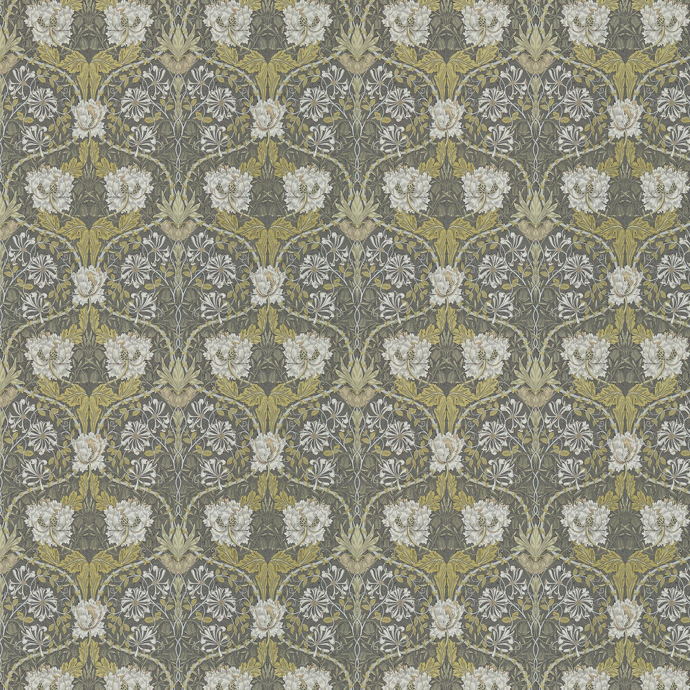Honeysuckle and Tulip Wallpaper - Charcoal / Gold - by Morris
