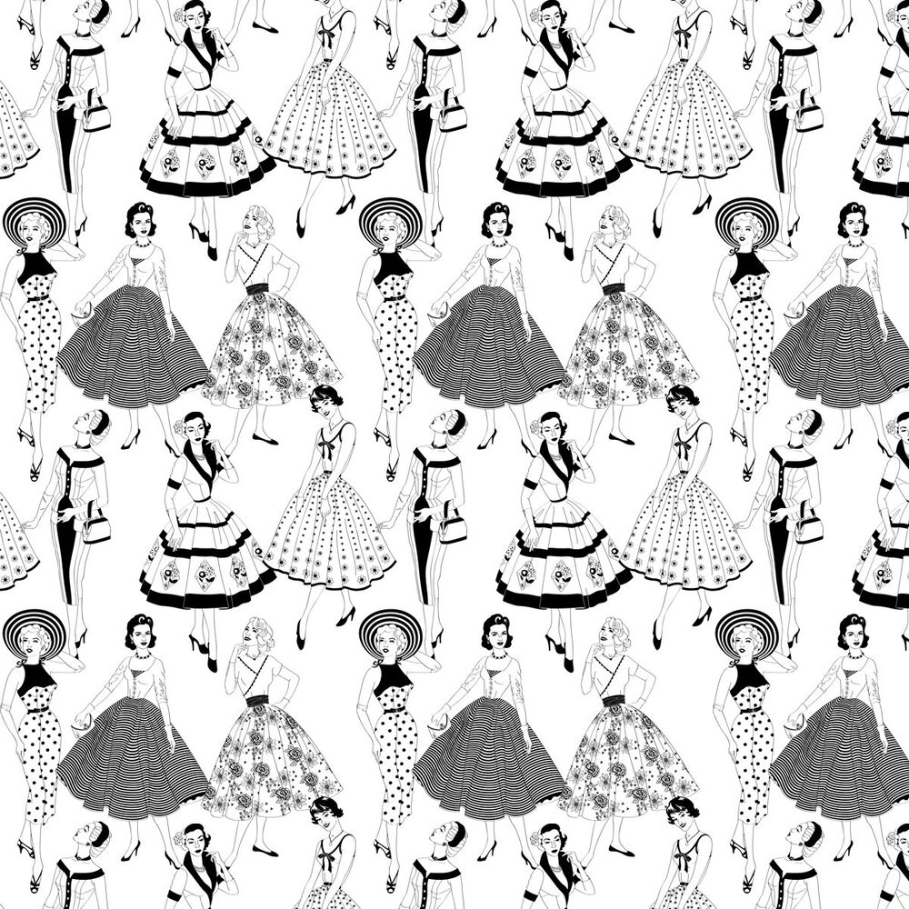 Vintage Dress- (B&W) - 10m Wallpaper - Black / White - by Dupenny