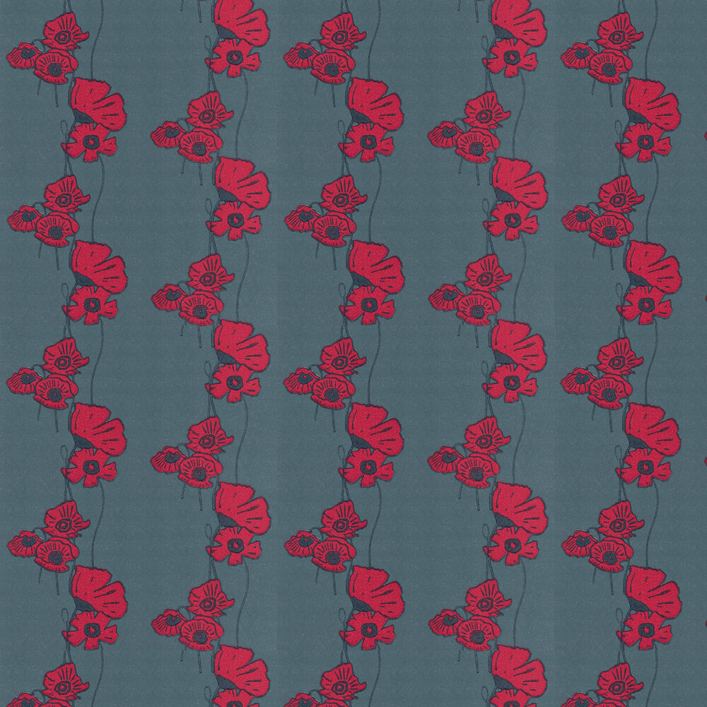 Poppy Fields Wallpaper - Red on Gunmetal - by Barneby Gates