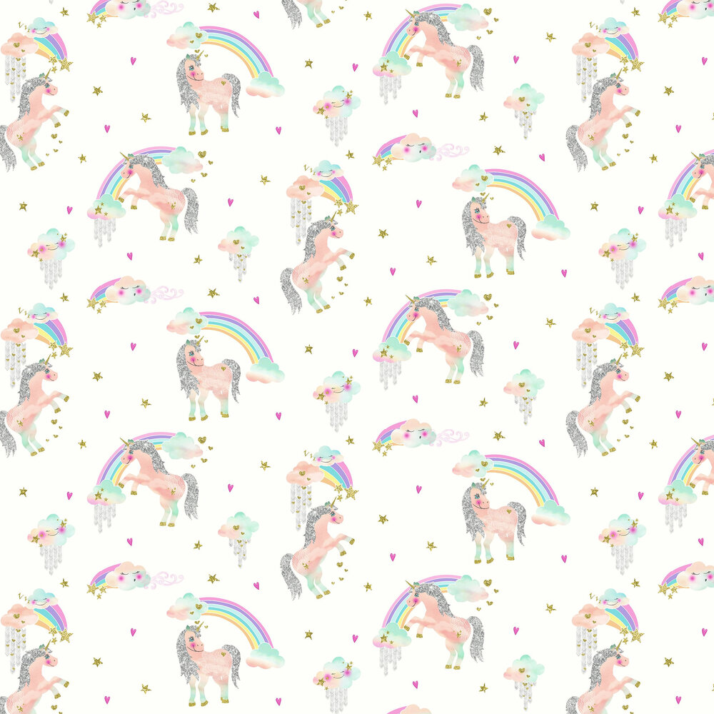 Rainbow Unicorn Wallpaper - White - by Arthouse