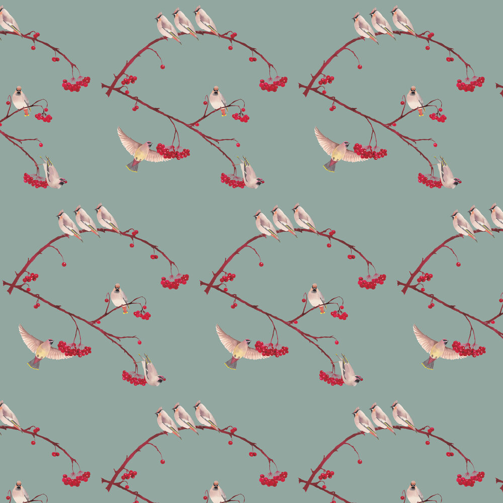 Waxwing Wallpaper - China Blue - by Petronella Hall
