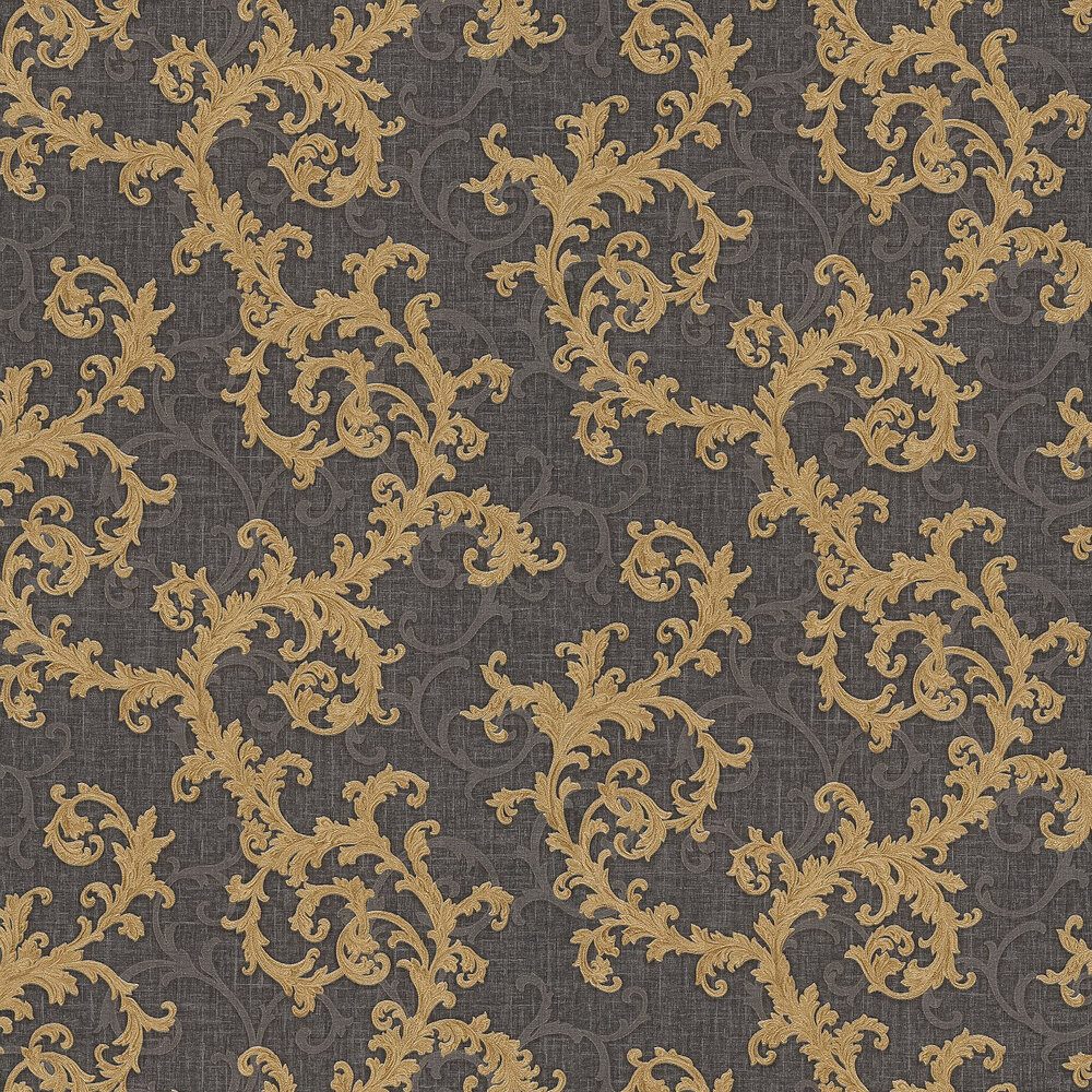 Baroque & Roll Wallpaper - Gold / Charcoal - by Versace