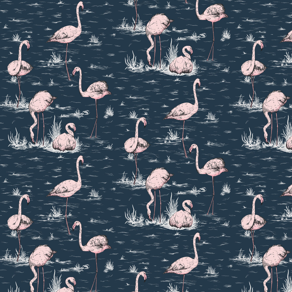 Flamingos Wallpaper - Alabaster Pink and Ink Blue - by Cole & Son