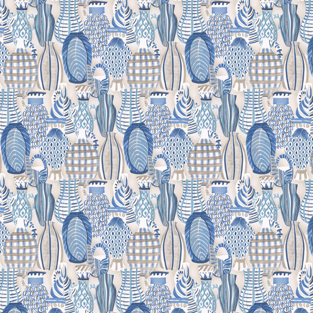 Collioure Wallpaper - Blue / Beige - by Nina Campbell