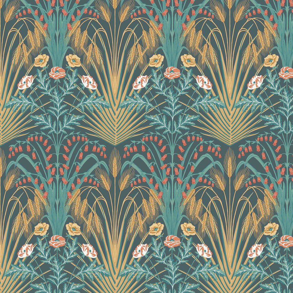 Bluebell Wallpaper - Teal / Gold / Coral - by Cole & Son