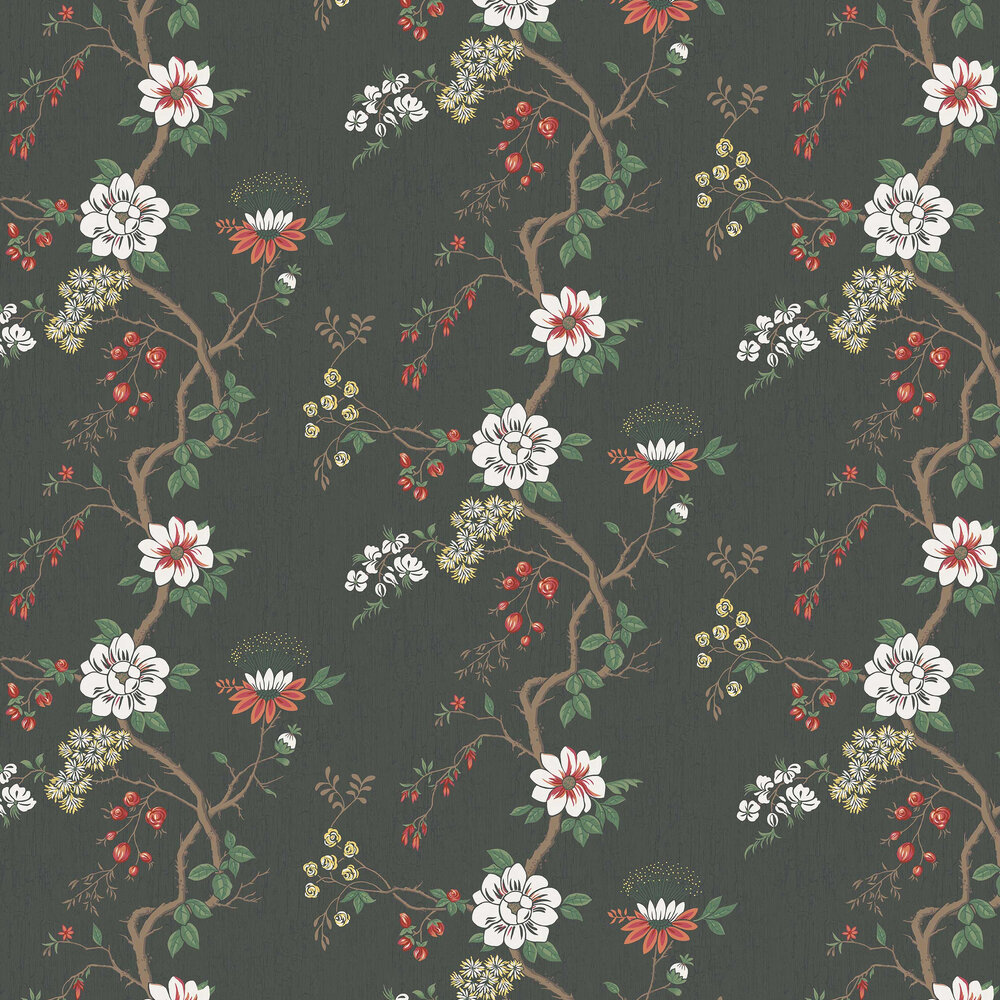 Camellia Wallpaper - White / Red / Charcoal - by Cole & Son