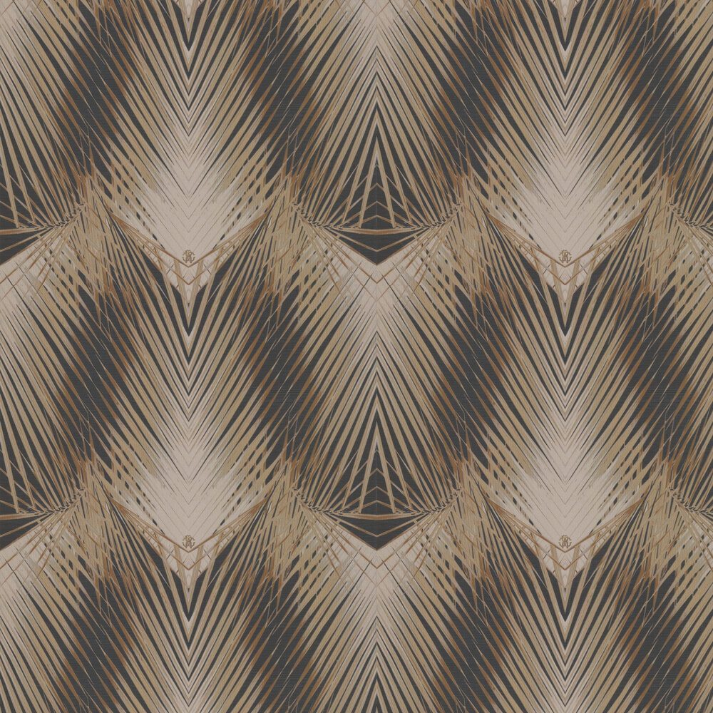 Geometric Palm Wallpaper - Black and Bronze - by Roberto Cavalli