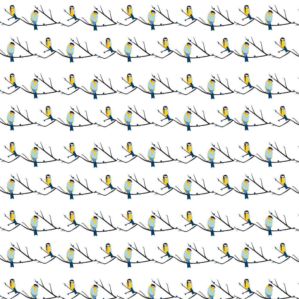 Juneberry and Bird Wallpaper - Blue / Yellow - by Lorna Syson
