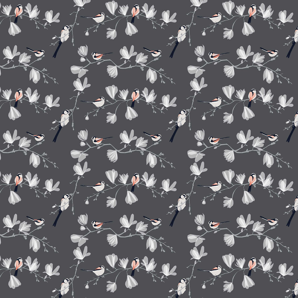Long Tailed Tit Wallpaper - Dark Blue and Grey - by Lorna Syson