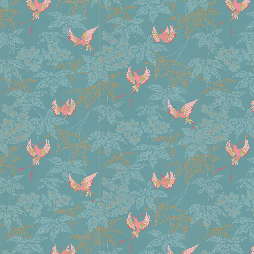 Grove Garden Wallpaper - Teal / Pink - by Osborne & Little