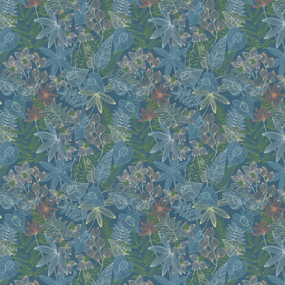 Exotic Leaves Wallpaper - Peacock Blue - by Albany