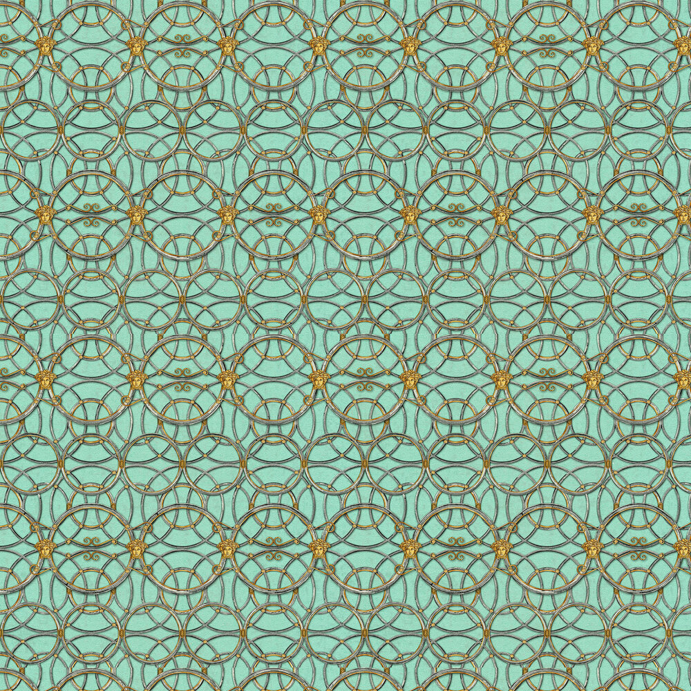 La Scala Del Palazzo Wallpaper - Turquoise with Pewter and Gold - by Versace