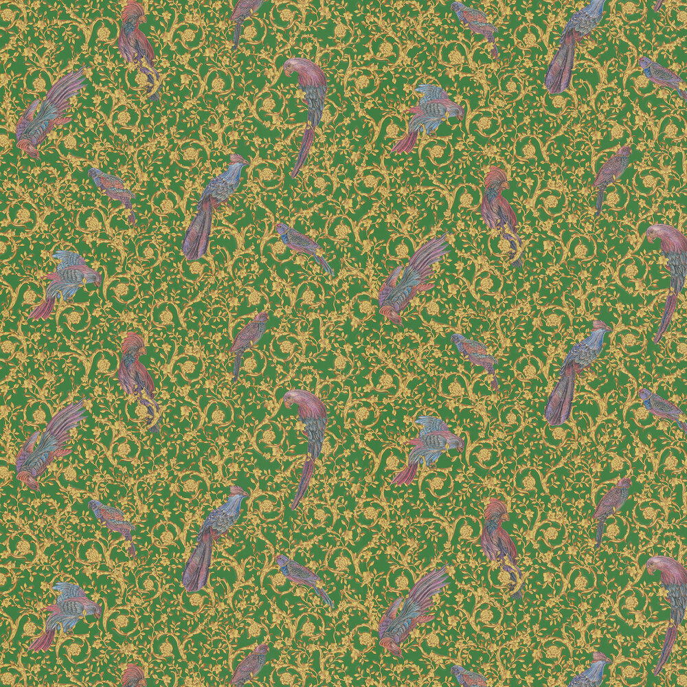 Barocco Birds Wallpaper - Green and Gold and Blue - by Versace