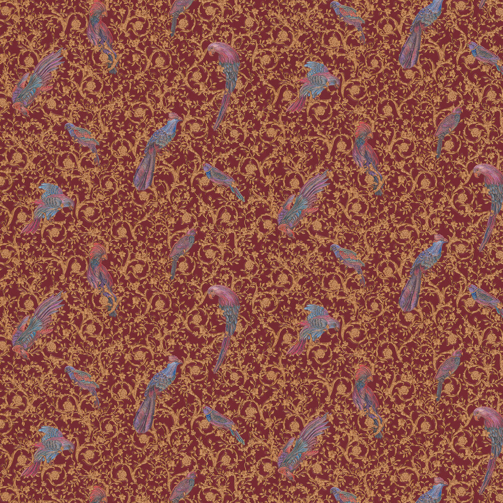 Barocco Birds Wallpaper - Maroon and Gold - by Versace