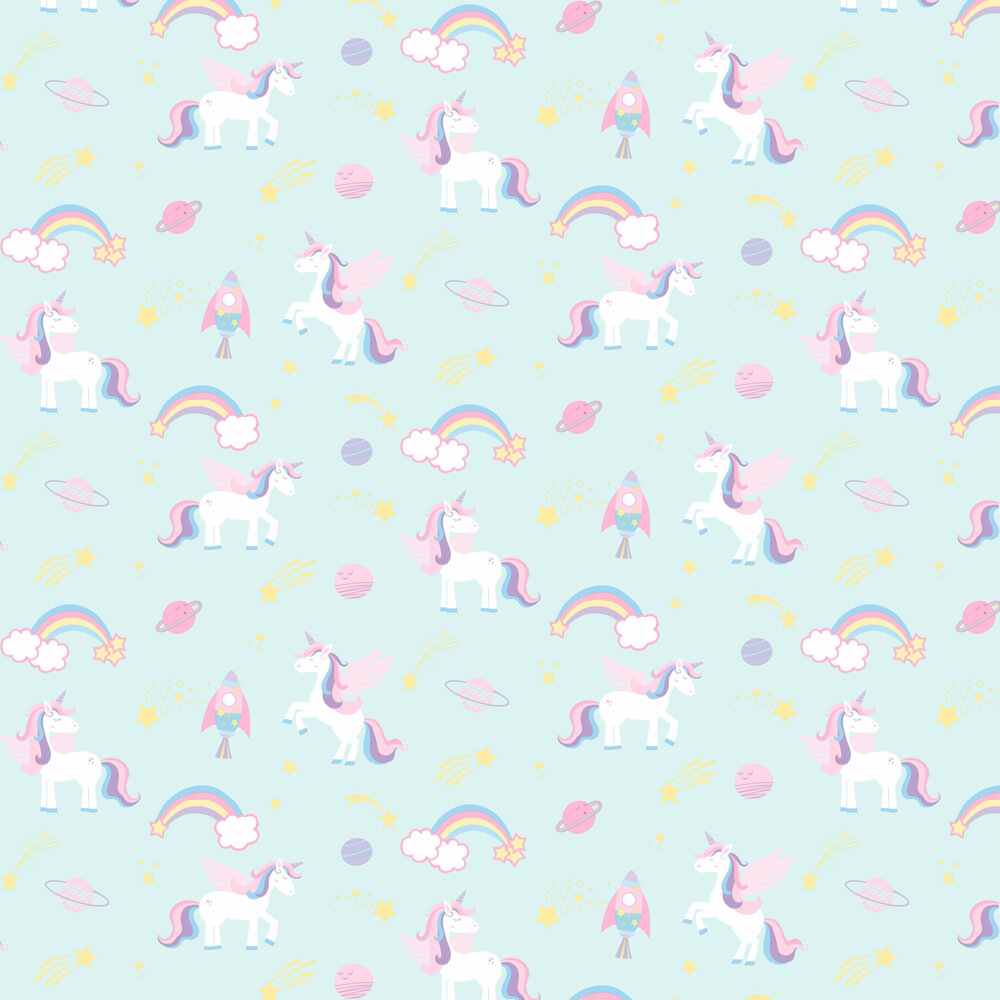 Unicorns, Rockets and Rainbows Wallpaper - Teal - by Albany