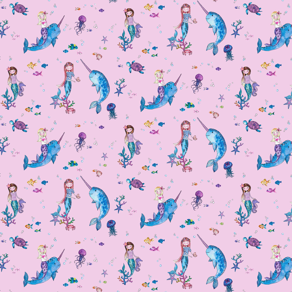 Narwhals and Mermaids Wallpaper - Pink - by Albany