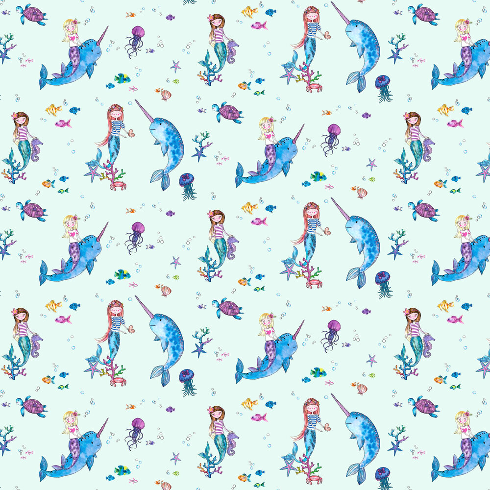 Narwhals and Mermaids Wallpaper - Light Teal - by Albany