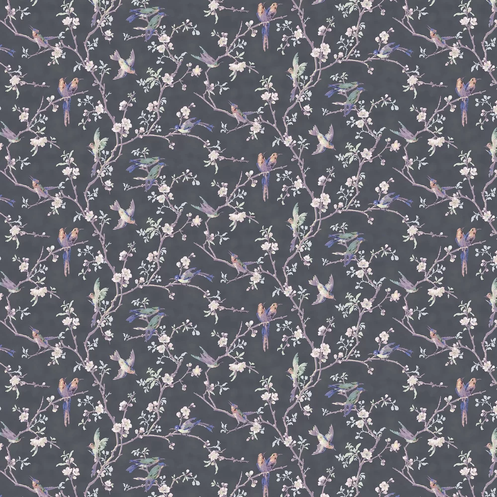 Bird And Blossom By Hamilton Weston Wallpapers - Charcoal / Purple ...