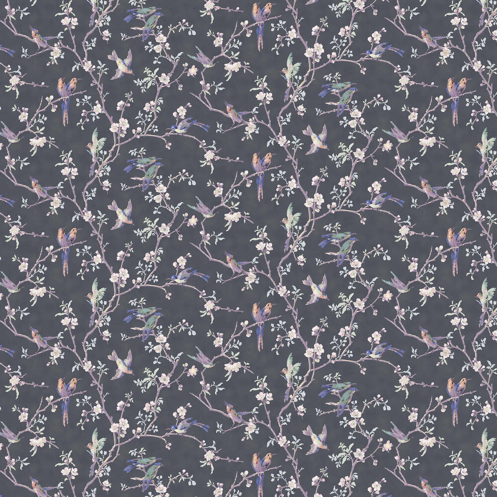 Bird and Blossom Wallpaper - Charcoal / Purple / Burnt Orange - by Hamilton Weston Wallpapers