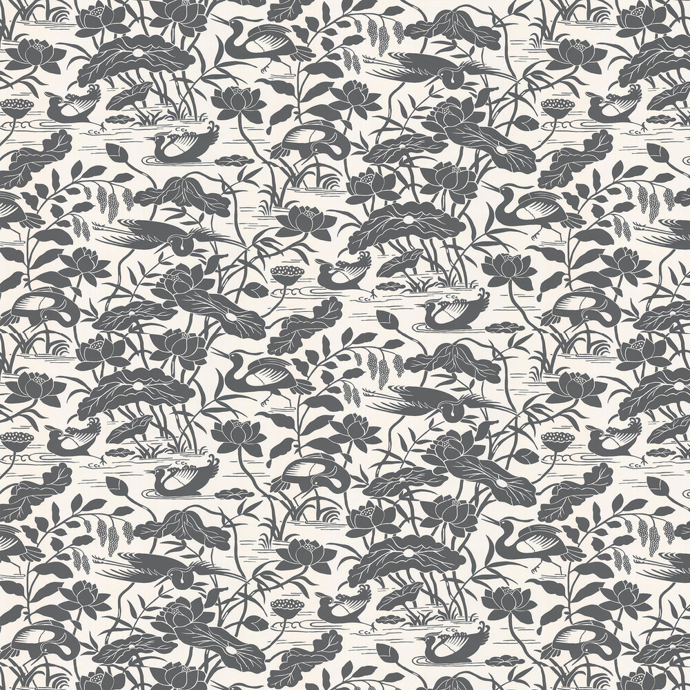 Heron & Lotus Flower Wallpaper - Black / White - by G P & J Baker