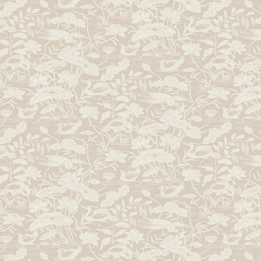 Heron & Lotus Flower Wallpaper - Stone - by G P & J Baker