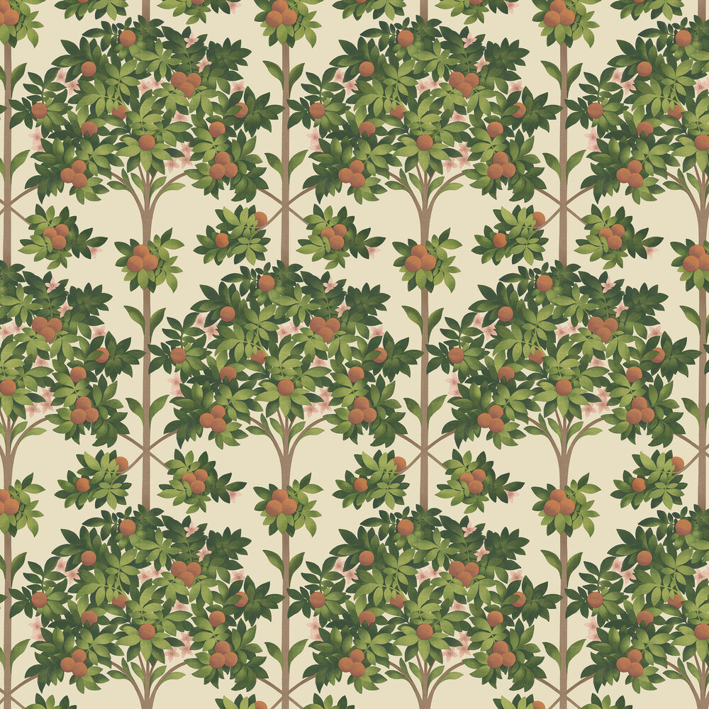 Orange Blossom Wallpaper - Orange & Spring Green on Parchment - by Cole & Son