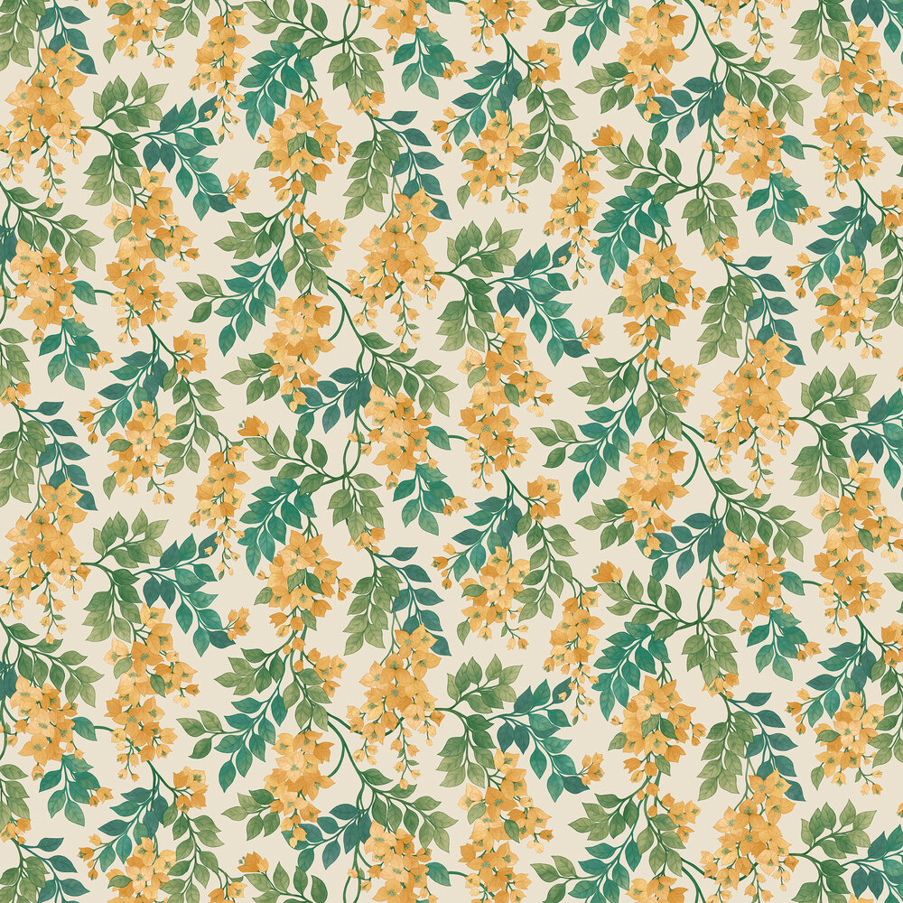 Bougainvillea Wallpaper - Marigold, Leaf Green & Emerald on Parchment - by Cole & Son