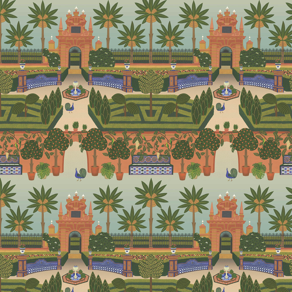 Alcazar Gardens Wallpaper - Terracotta & Spring Green Multi - by Cole & Son