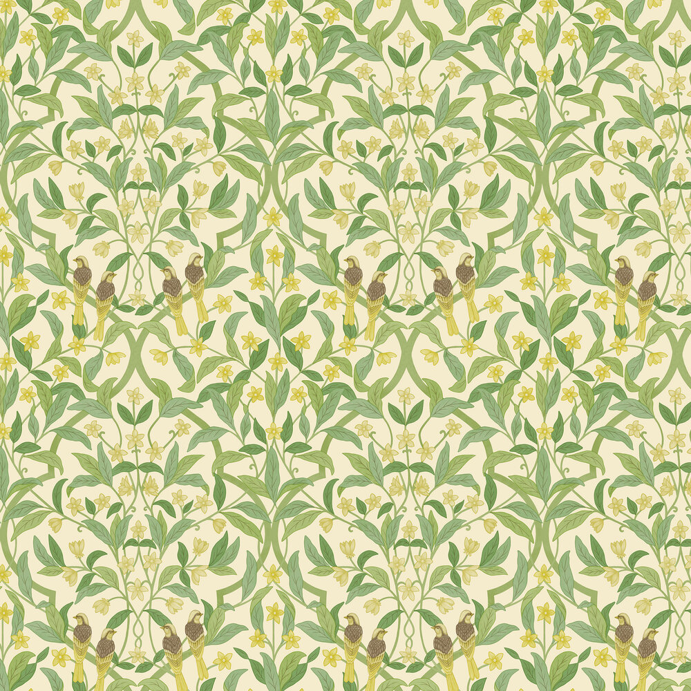 Jasmine & Serin Symphony Wallpaper - Chartreuse & Olive Green on White - by Cole & Son