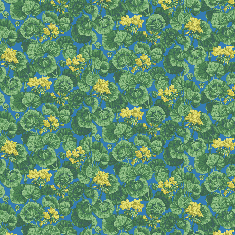 Geranium Wallpaper - Lemon & Forest Greens on Electric Blue - by Cole & Son