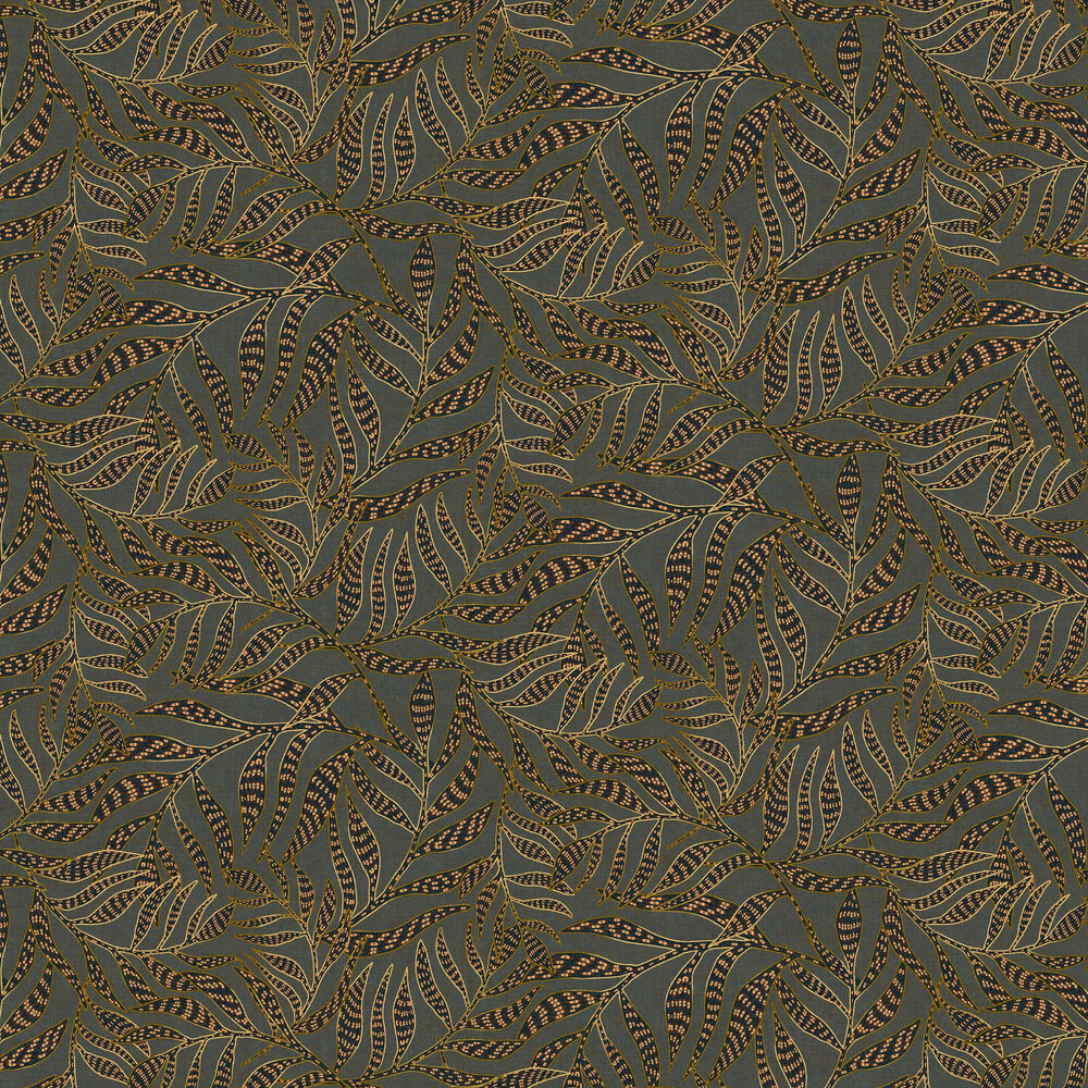 Tribal Leaves Wallpaper - Denim / Olive - by Eijffinger