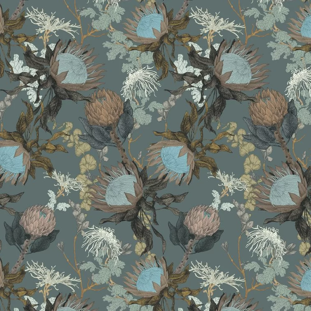 Proteas Dream by 17 Patterns - Conure Blue - Wallpaper : Wallpaper Direct