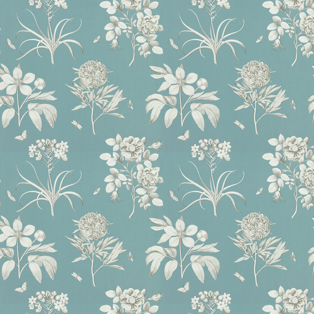 Etchings and Roses Wallpaper - Rainlake / Ivory - by Sanderson