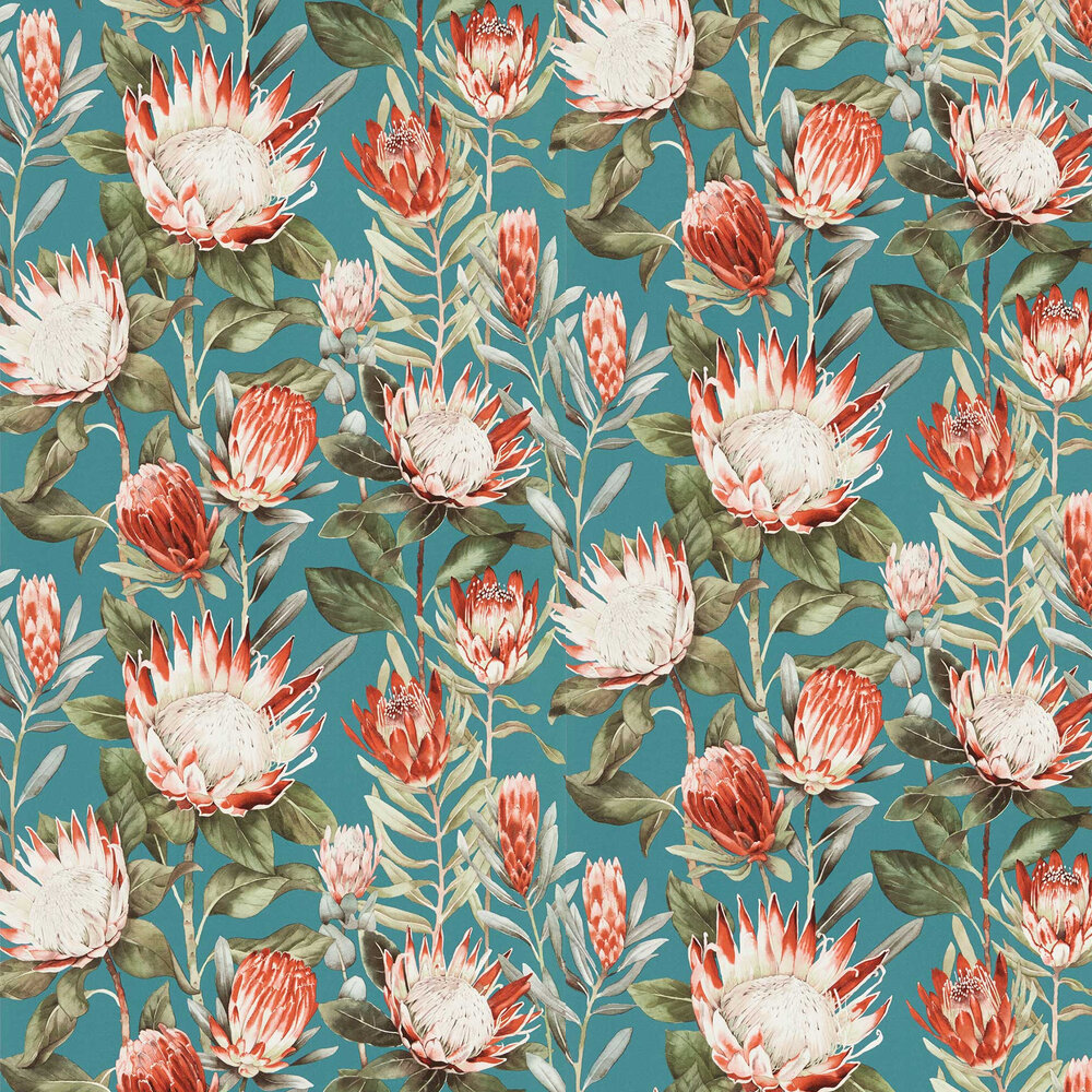 King Protea Wallpaper - Fire Coral / Chasm  - by Sanderson