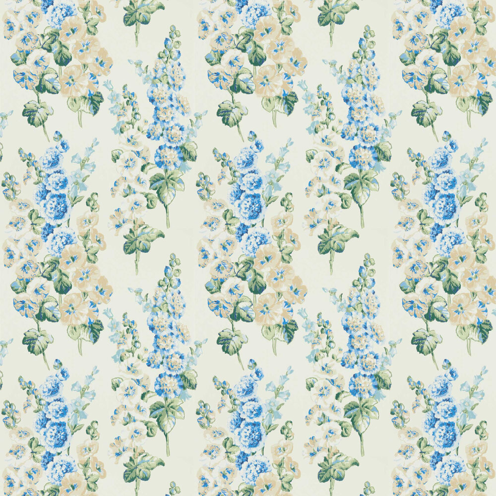 Hollyhocks Wallpaper - French Blue / Ivory - by Sanderson
