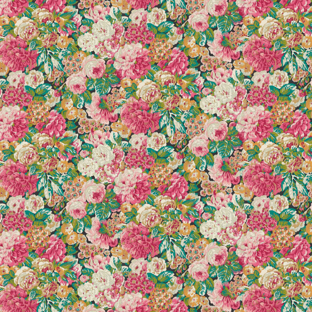 Rose & Peony Wallpaper - Cerise / Viridian - by Sanderson