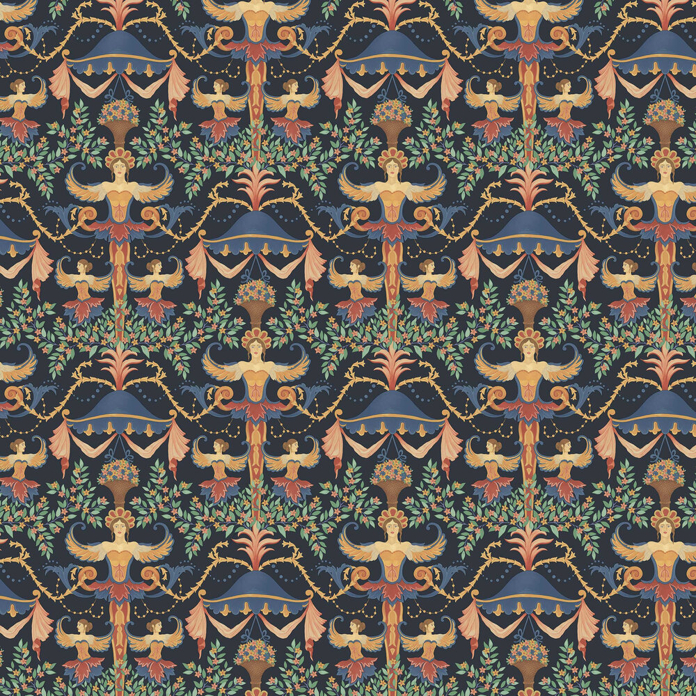 Chamber Angels Wallpaper - Denim / Red / Marigold / Ink - by Cole & Son