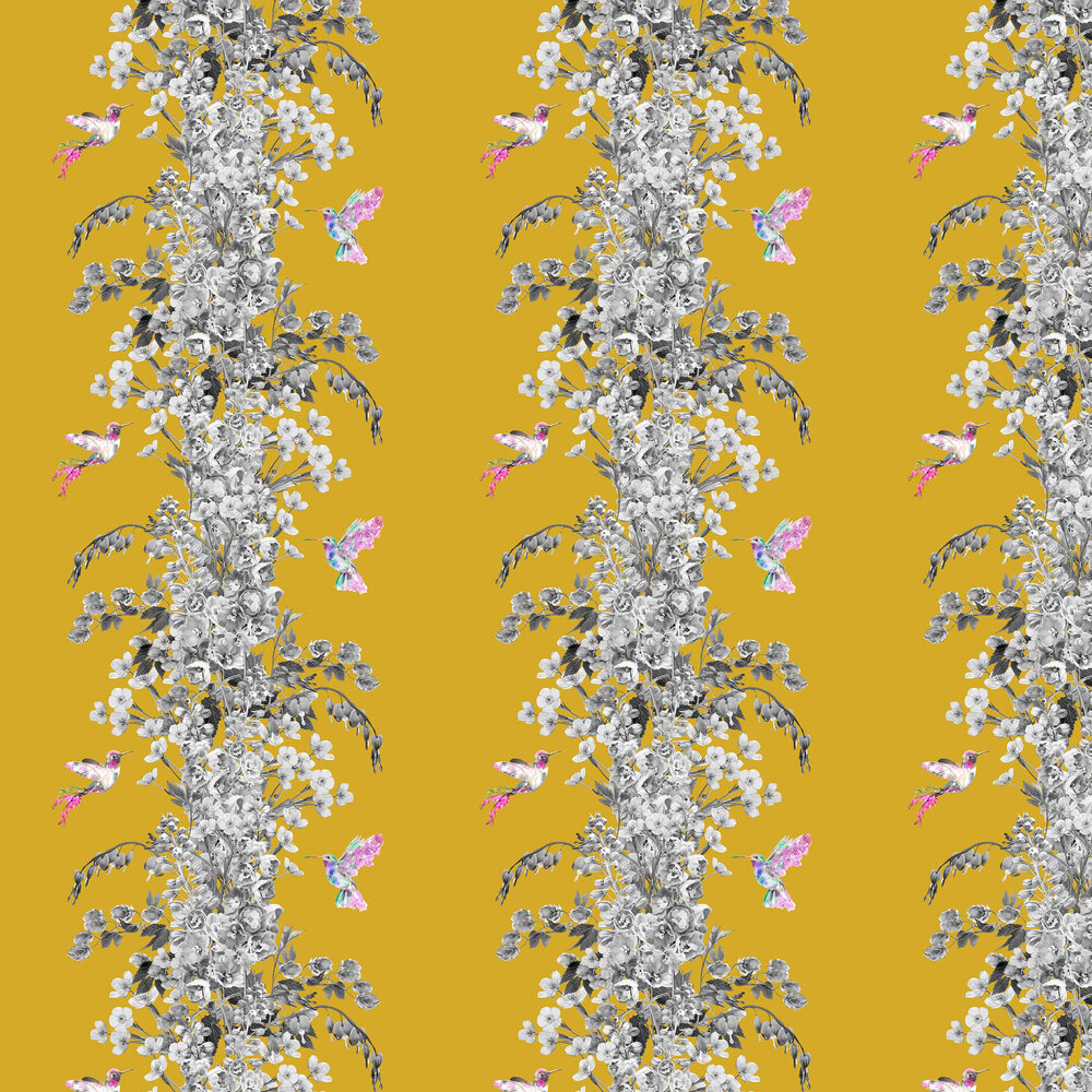 Hummingbird Wallpaper - Black / White / Mustard - by Lola Design