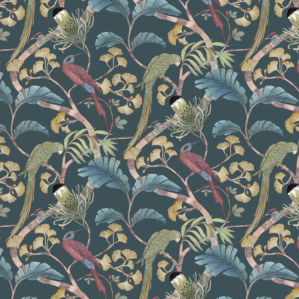 Living branches Wallpaper - Dark teal, Yellow and Olive - by Josephine Munsey