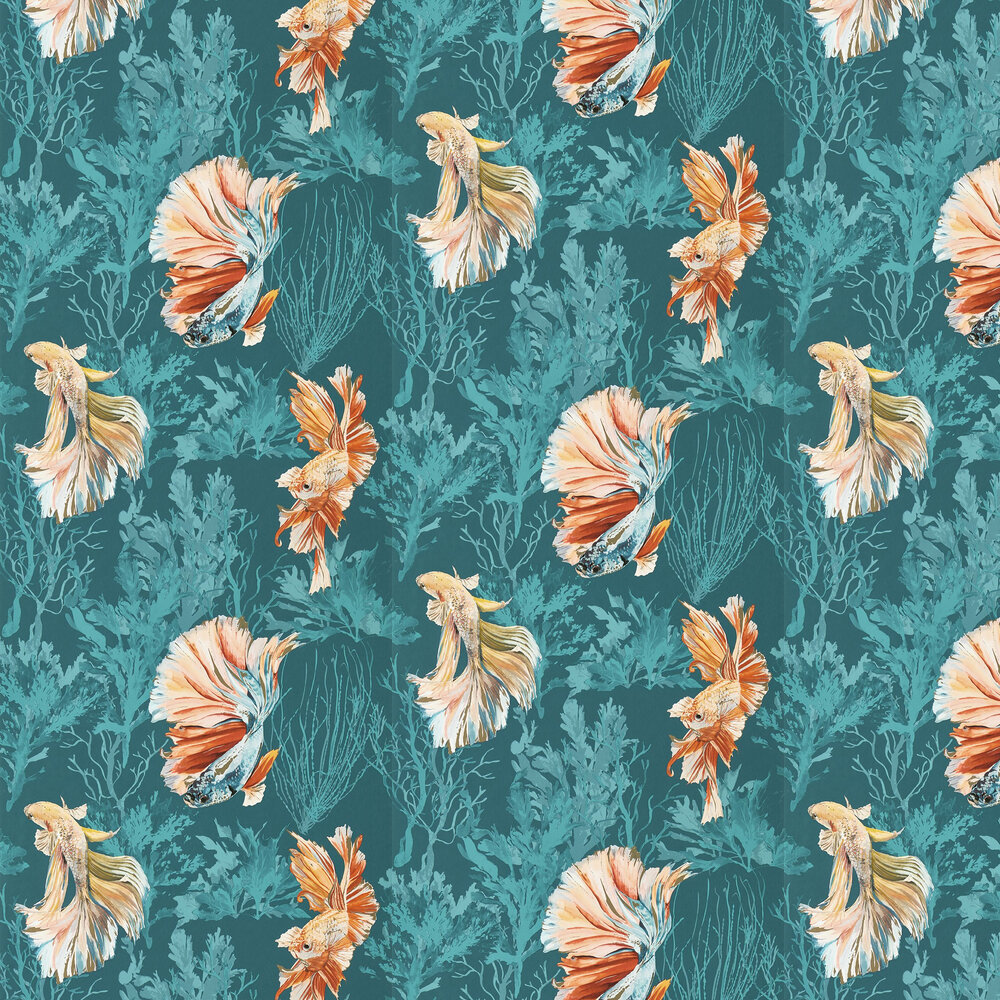 Halfmoon Wallpaper - Azurite/ Coral - by Harlequin