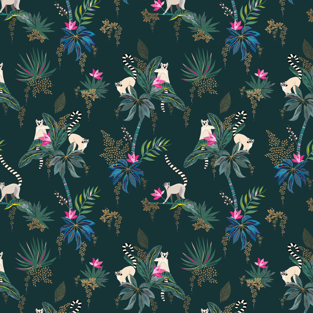 Lemur Wallpaper - Forest Green - by Sara Miller
