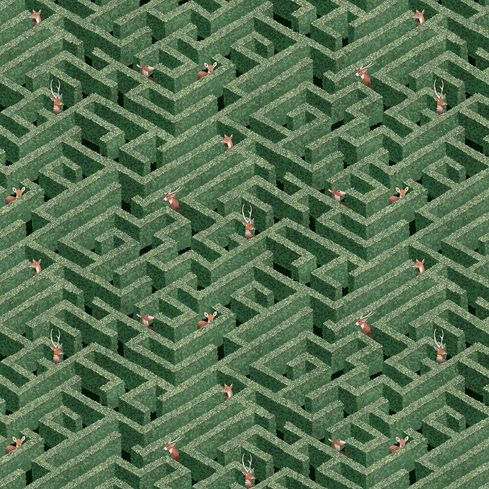 Labyrinth with Deer Wallpaper - Green - by Josephine Munsey