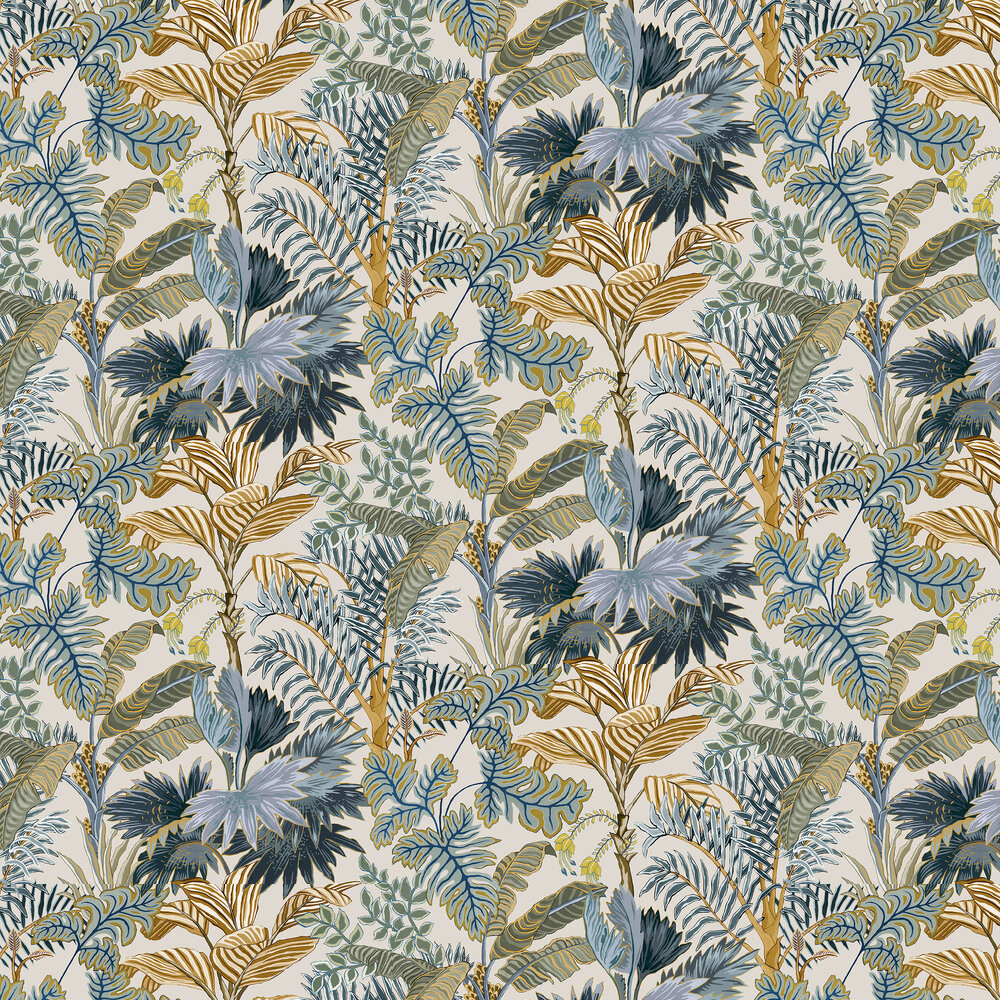Palm Grove Wallpaper - Ecru and Blue - by Josephine Munsey