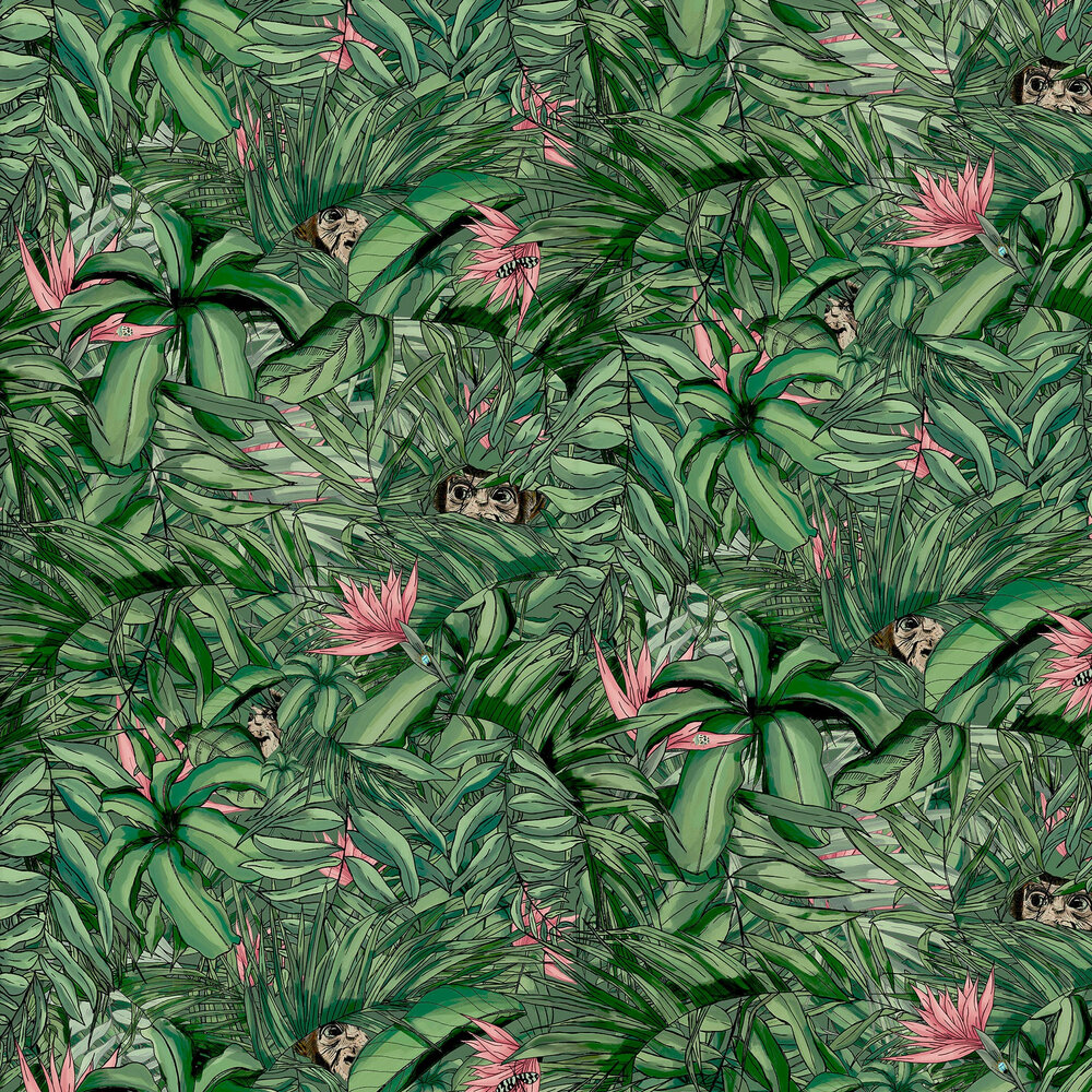 Monkey Forest Wallpaper - Dark Green & Pink - by Brand McKenzie