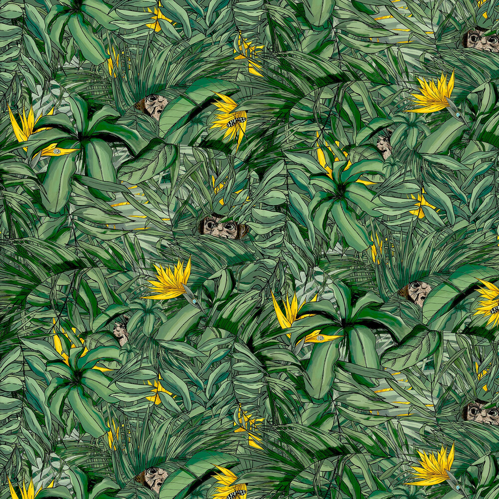 Monkey Forest Wallpaper - Dark Green & Yellow - by Brand McKenzie