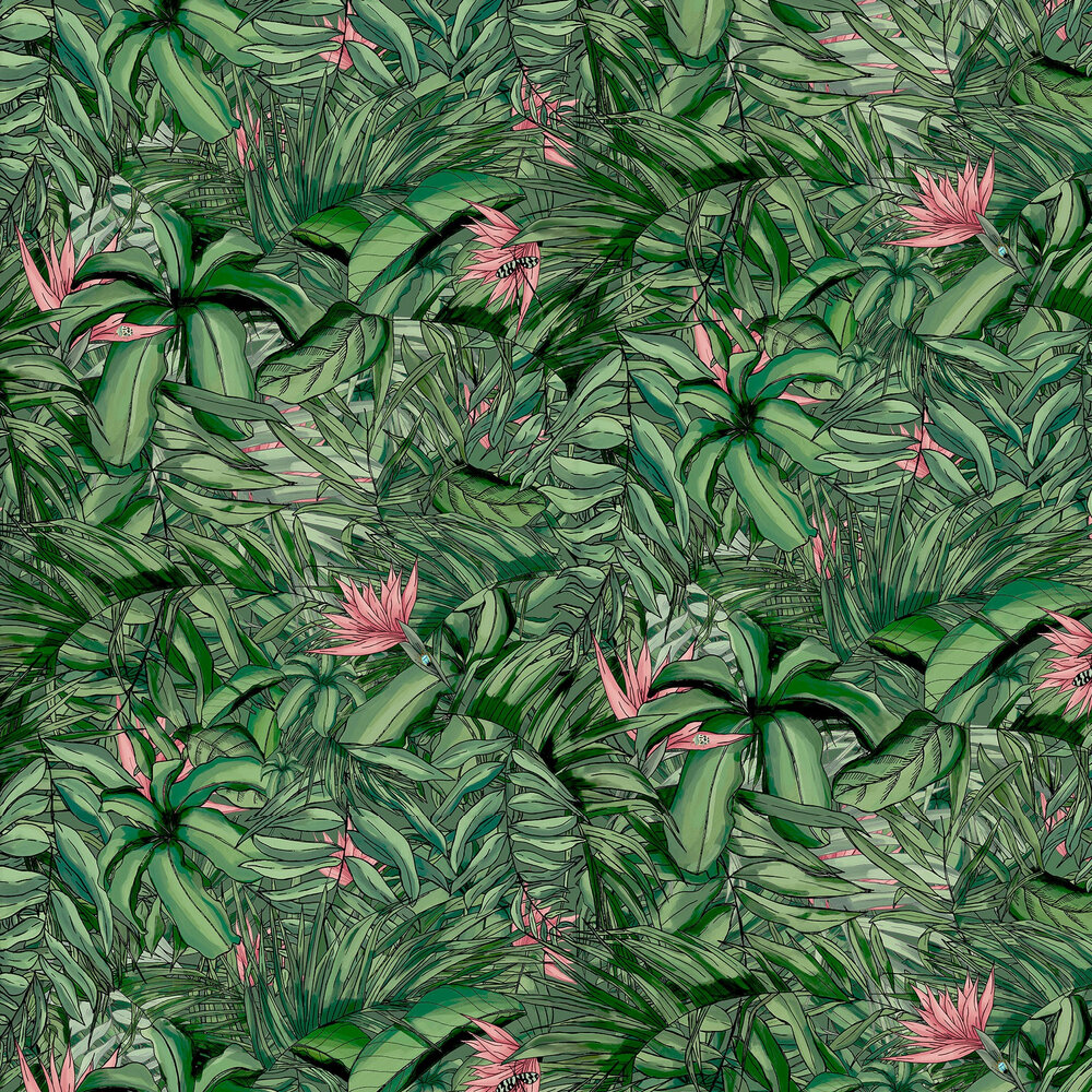 Tropical Forest Wallpaper - Dark Green & Pink - by Brand McKenzie