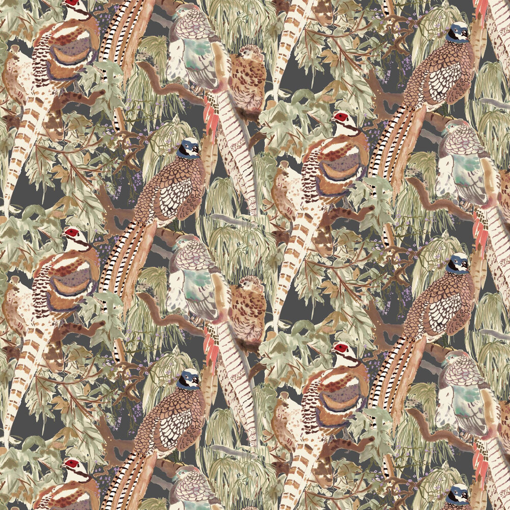 Game Birds Wallpaper - Charcoal - by Mulberry Home