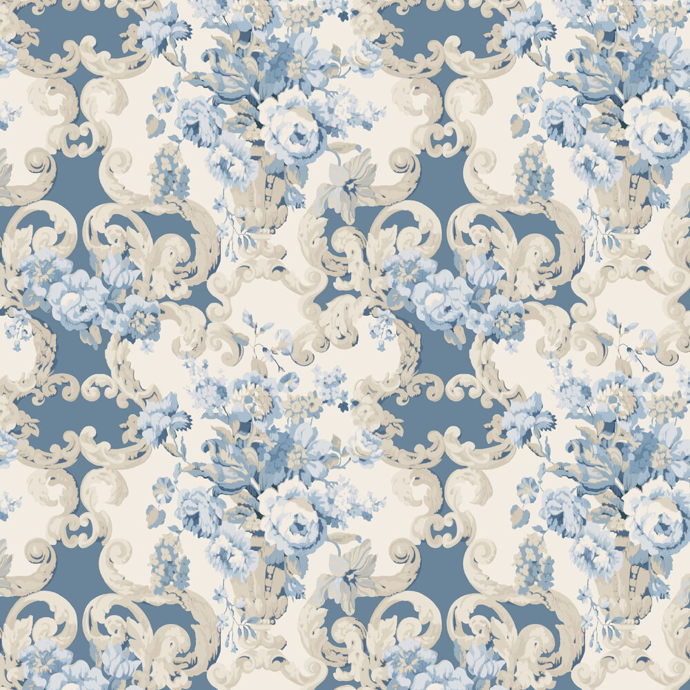 Floral Rococo Wallpaper - Blue - by Mulberry Home